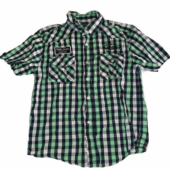 Fubu The Collection Boys Green Checkered Button Up Shirt Size 10 Cotton Casual - Picture 1 of 4